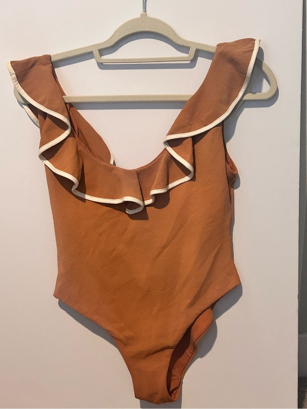 EBERJEY Rust Ruffle One-Piece Swimsuit with Cream Trim Medium